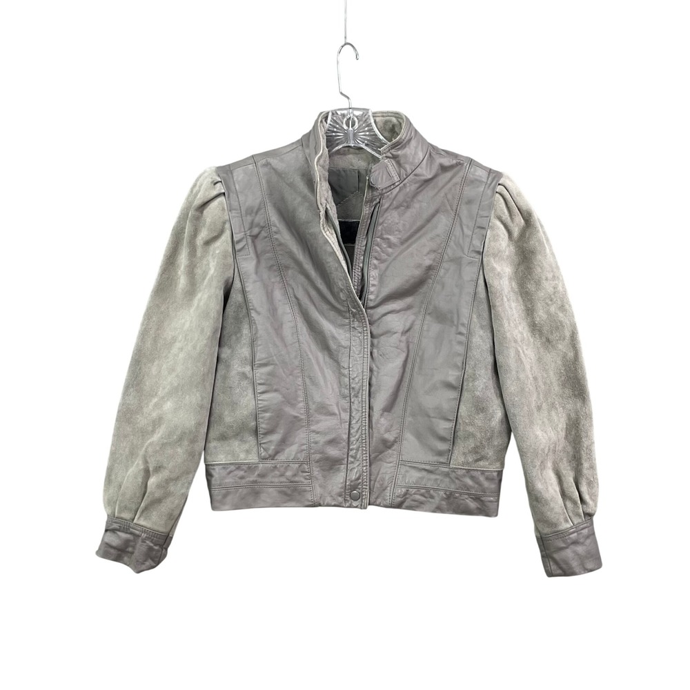 Le Soleil Leather Jacket Women's 5-6 Gray Vintage Suede Mixed Media Puff Sleeves